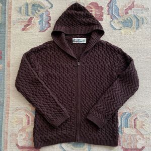 Arancrafts Hooded Sweater Large Brown Cable Knit Merino Wool Ireland Zip Front